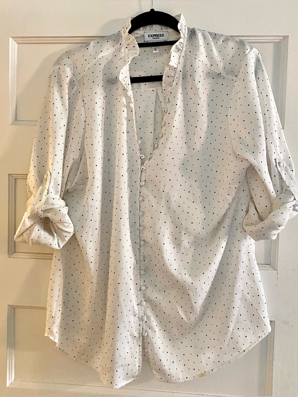 Express White Portafino Blouse with Black Polka Dots